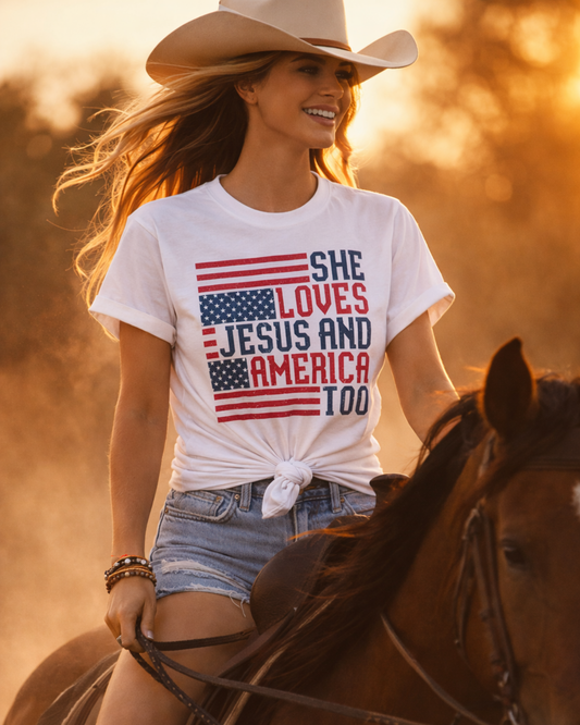 cowgirl riding horse wearing she loves jesus and america too graphic tee knotted t-shirt western summer outfit patriotic cowgirl shirt