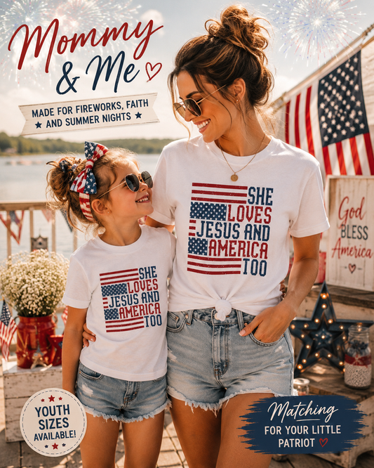 She Loves Jesus and America Too Shirt Mommy & Me Patriotic Christian Cowgirl Tee