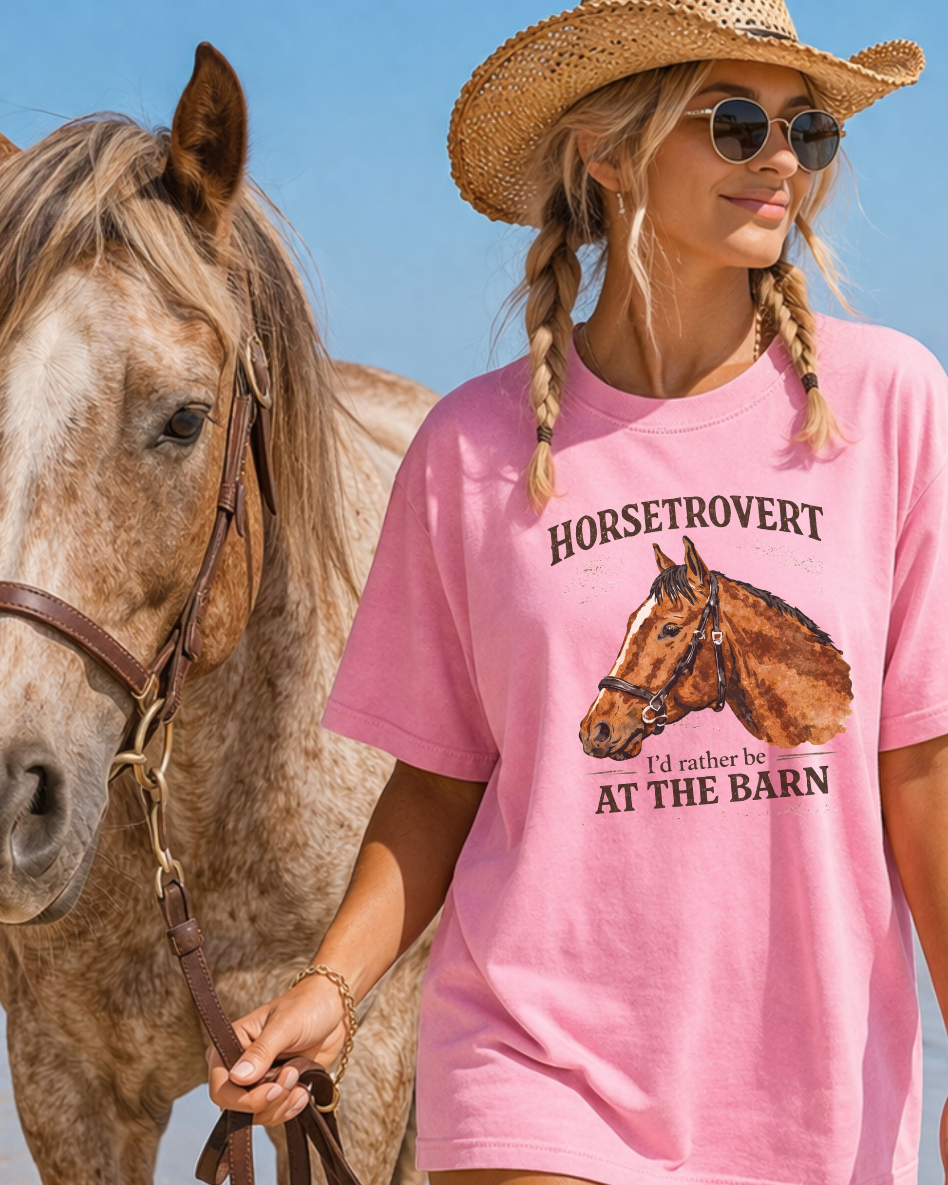 Woman walking on the beach with horse wearing pink Horsetrovert t-shirt and cowgirl hat