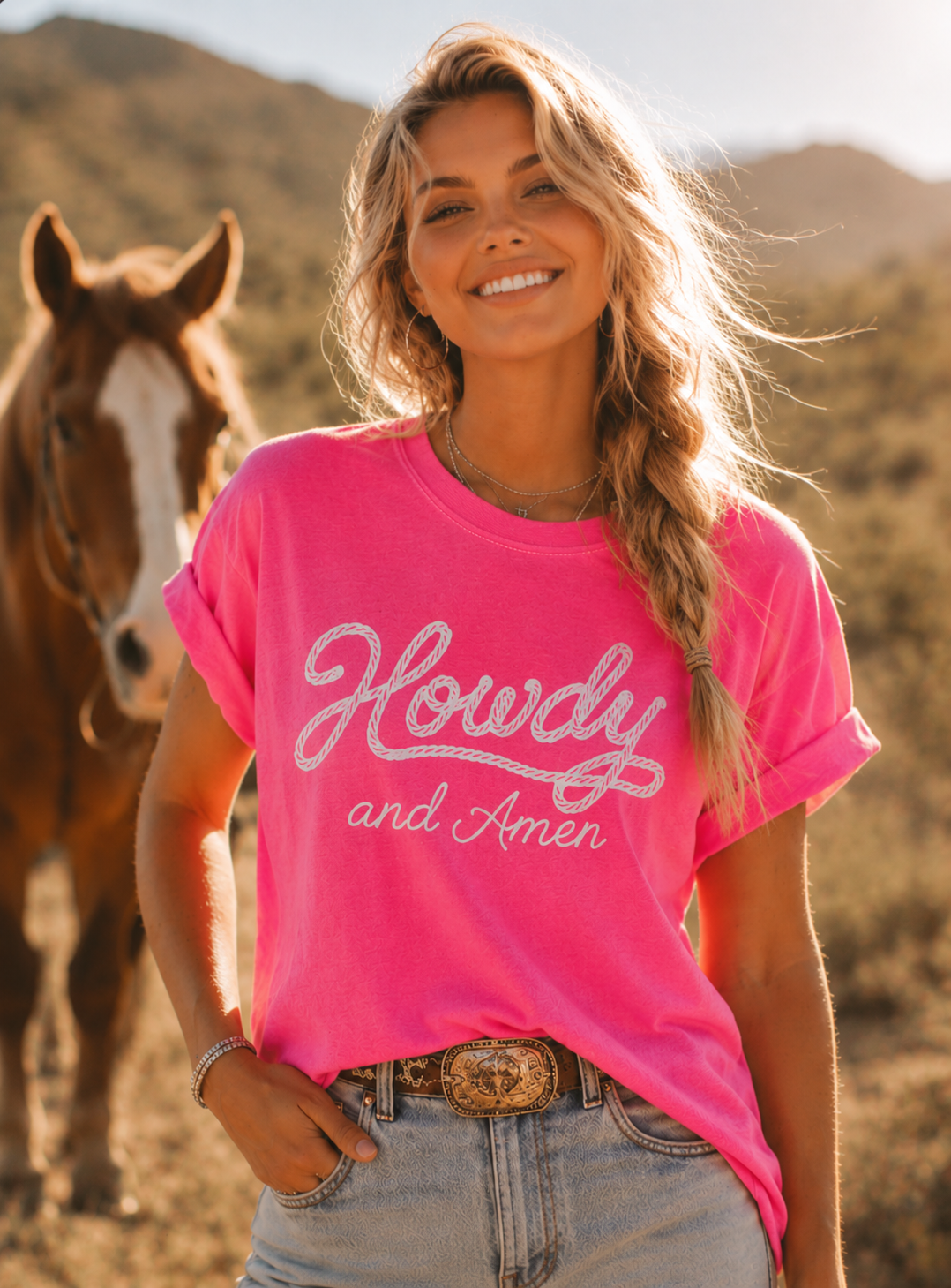 Howdy and Amen Faith Tee Neon Pink Summer Cowgirl Hallelujah