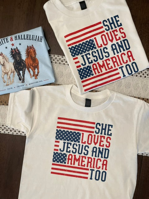 She Loves Jesus and America Too Shirt Mommy & Me Patriotic Christian Cowgirl Tee