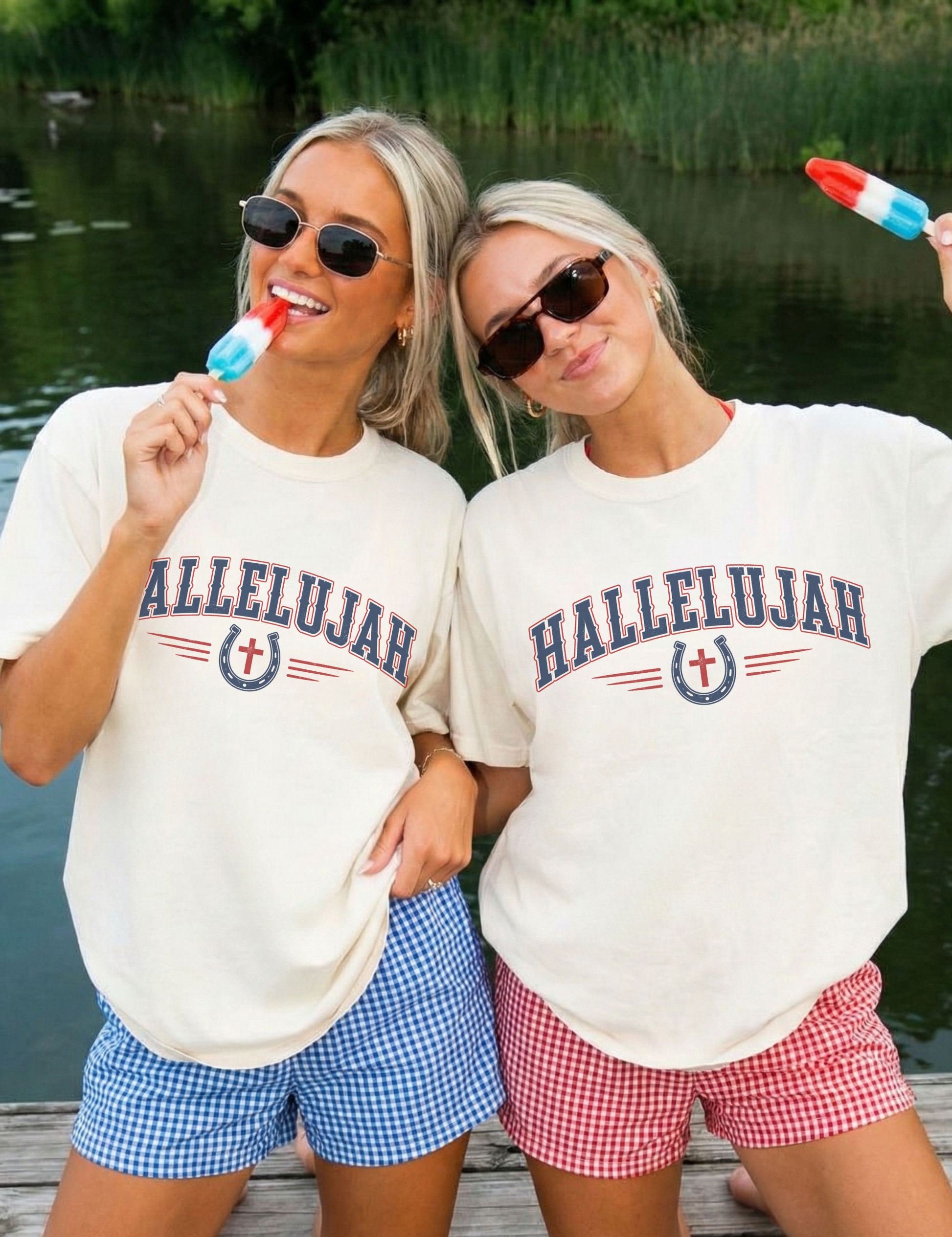 Matching Hallelujahj t-shirts girls trip summer lake vibes