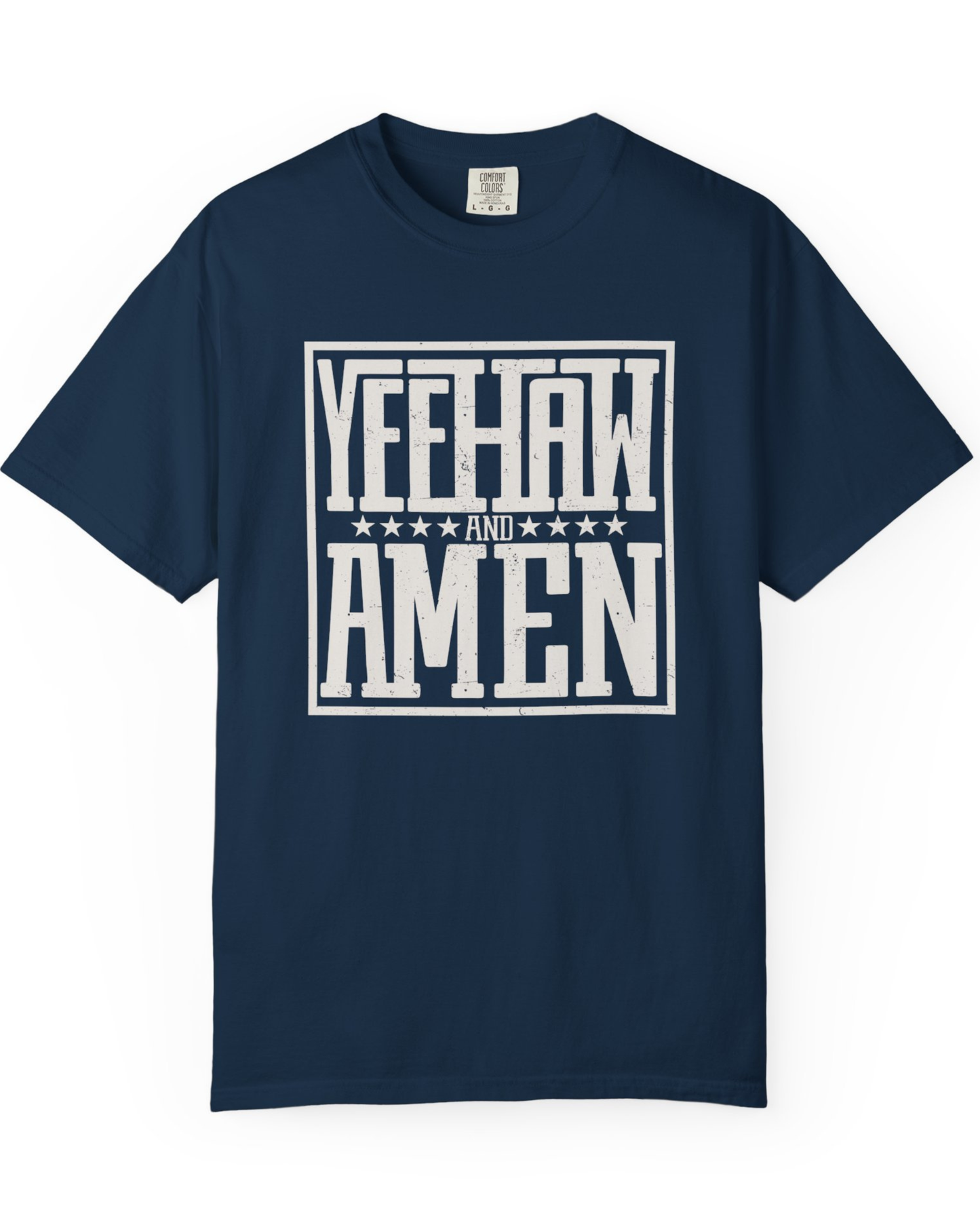 Navy Blue Yeehaw and Amen Cowgirl Cowboy tee