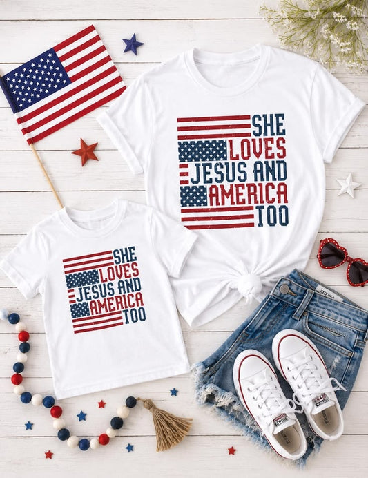 She Loves Jesus and America Too Shirt Mommy & Me Patriotic Christian Cowgirl Tee