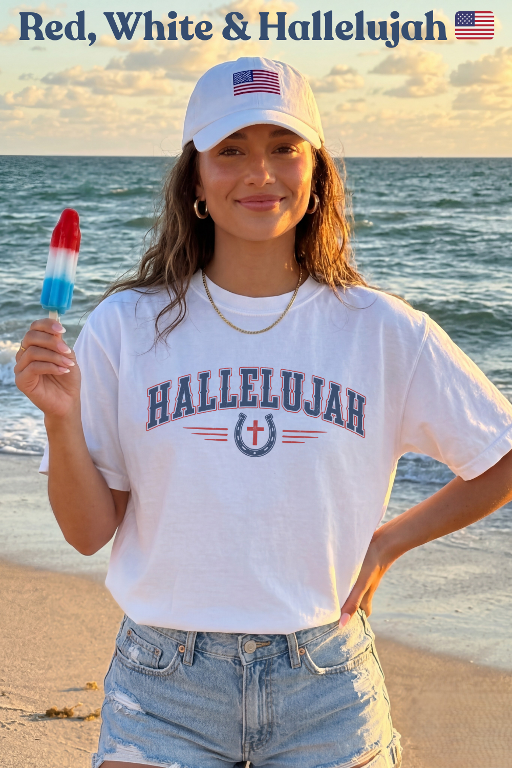 Woman wearing Hallelujah Shirt on beach in red white and blue 4th of july style