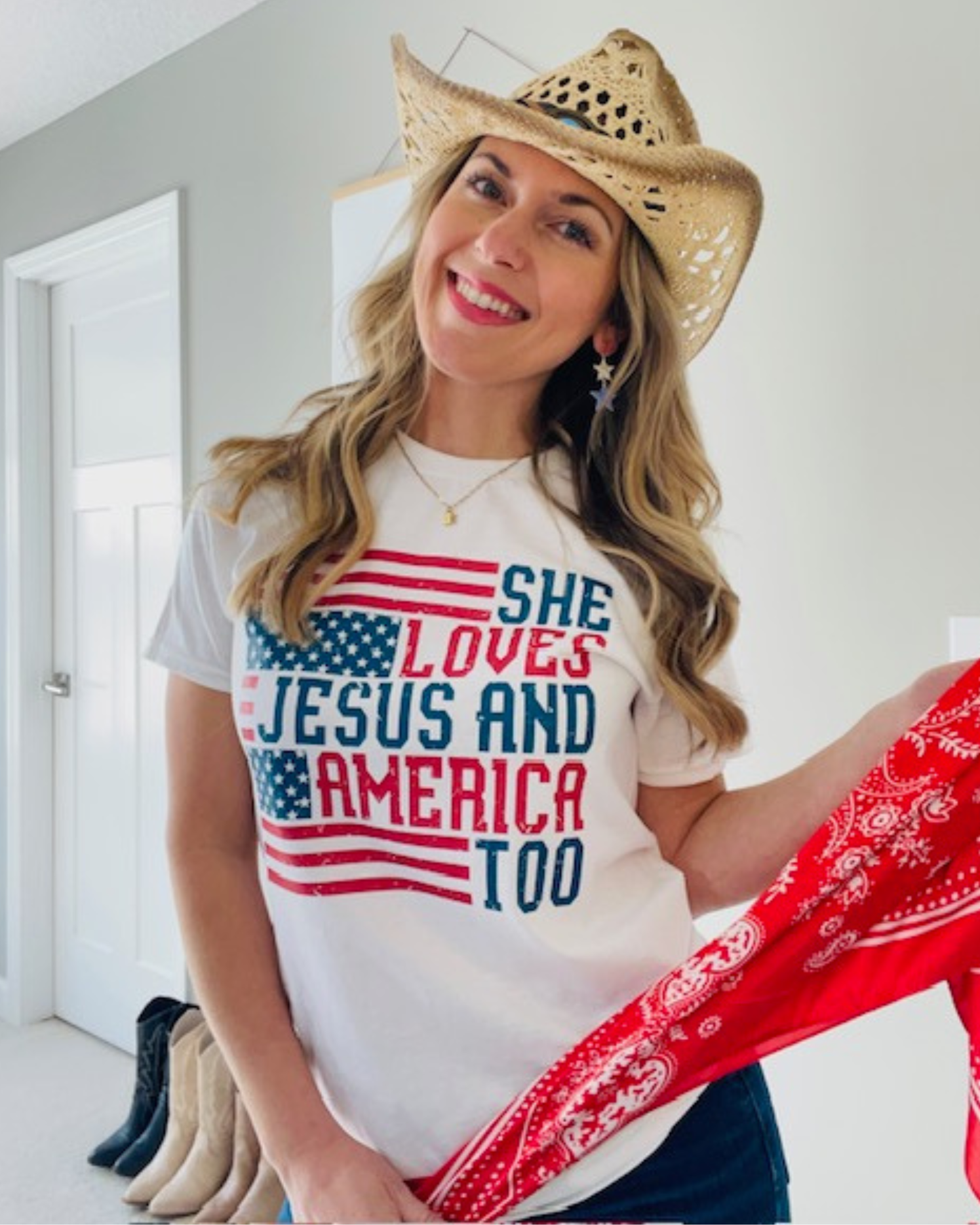 christian cowgirl shirt she loves jesus and america too tee patriotic western outfit women
