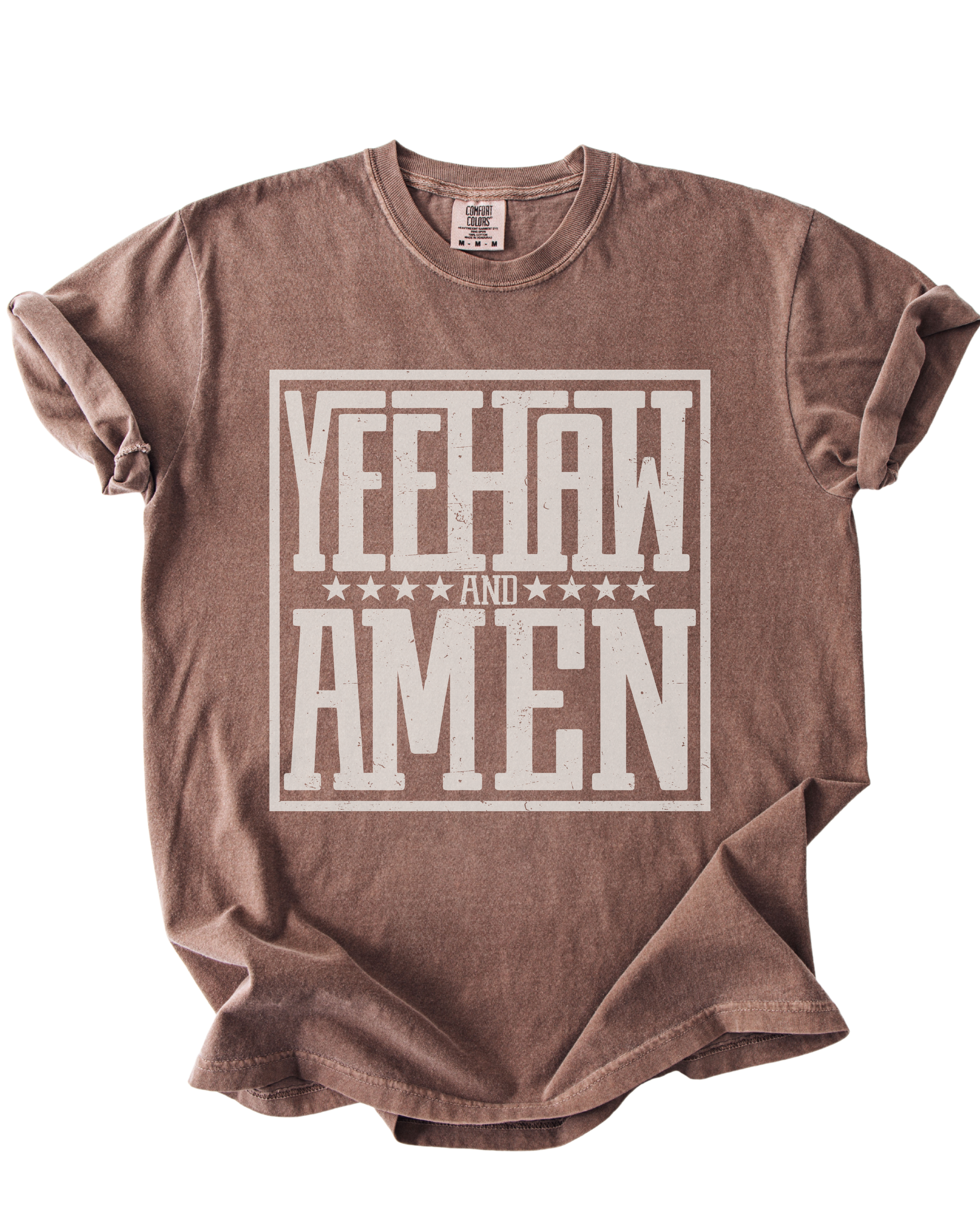 Yeehaw and Amen Comfort Colors tee Esspresso