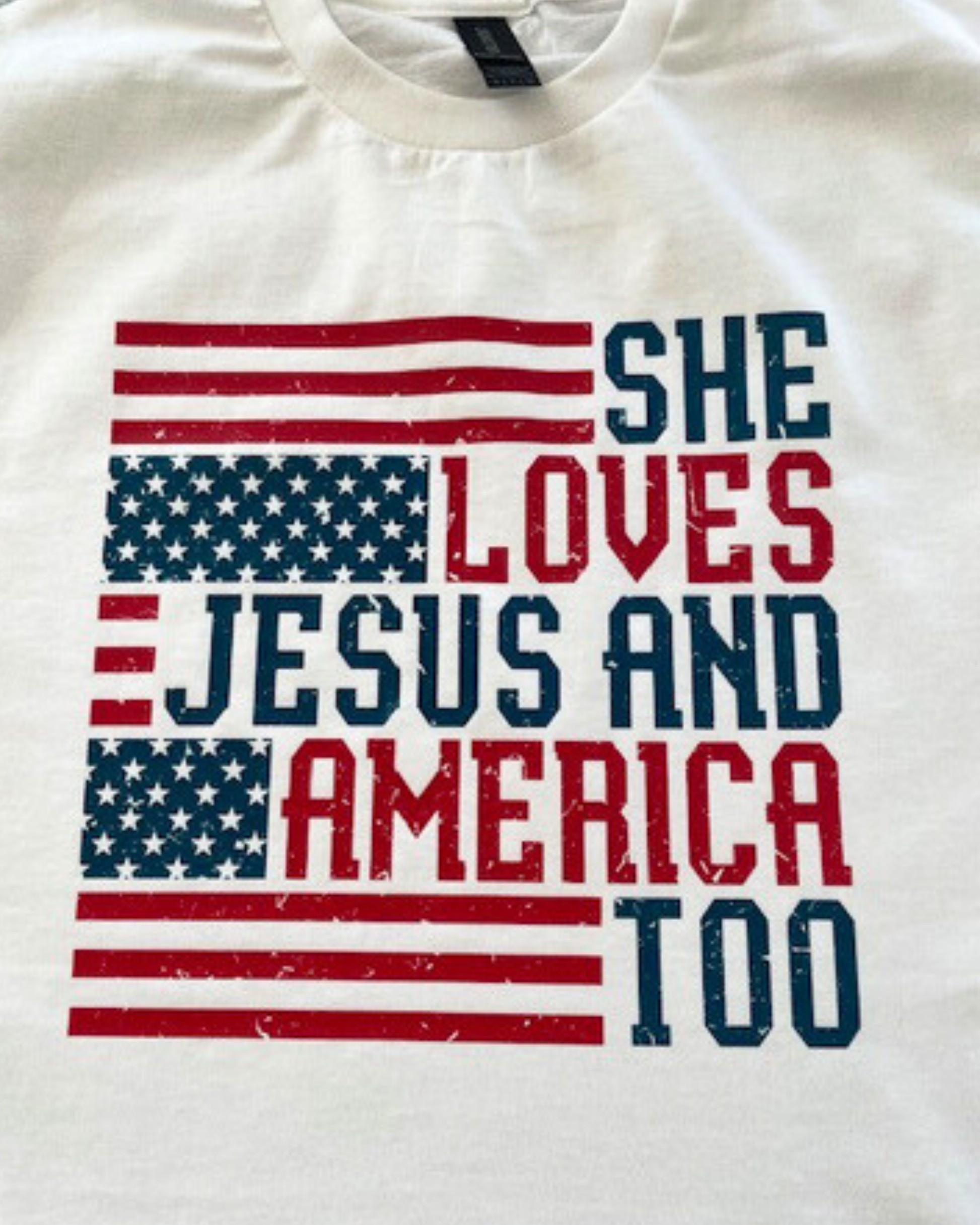 she loves jesus and america too patriotic cowgirl tee