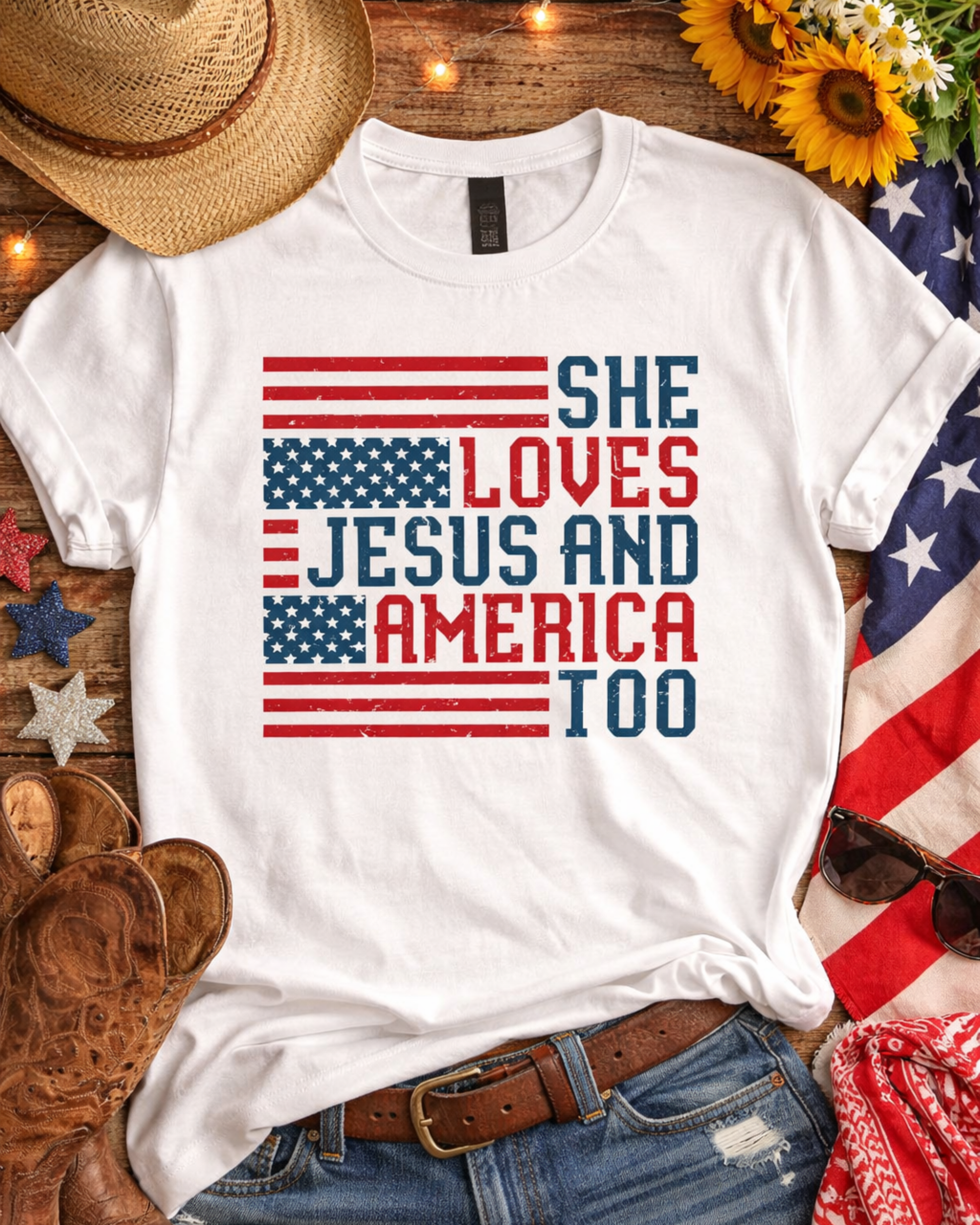 patriotic graphic tee women she loves jesus and america too western outfit idea