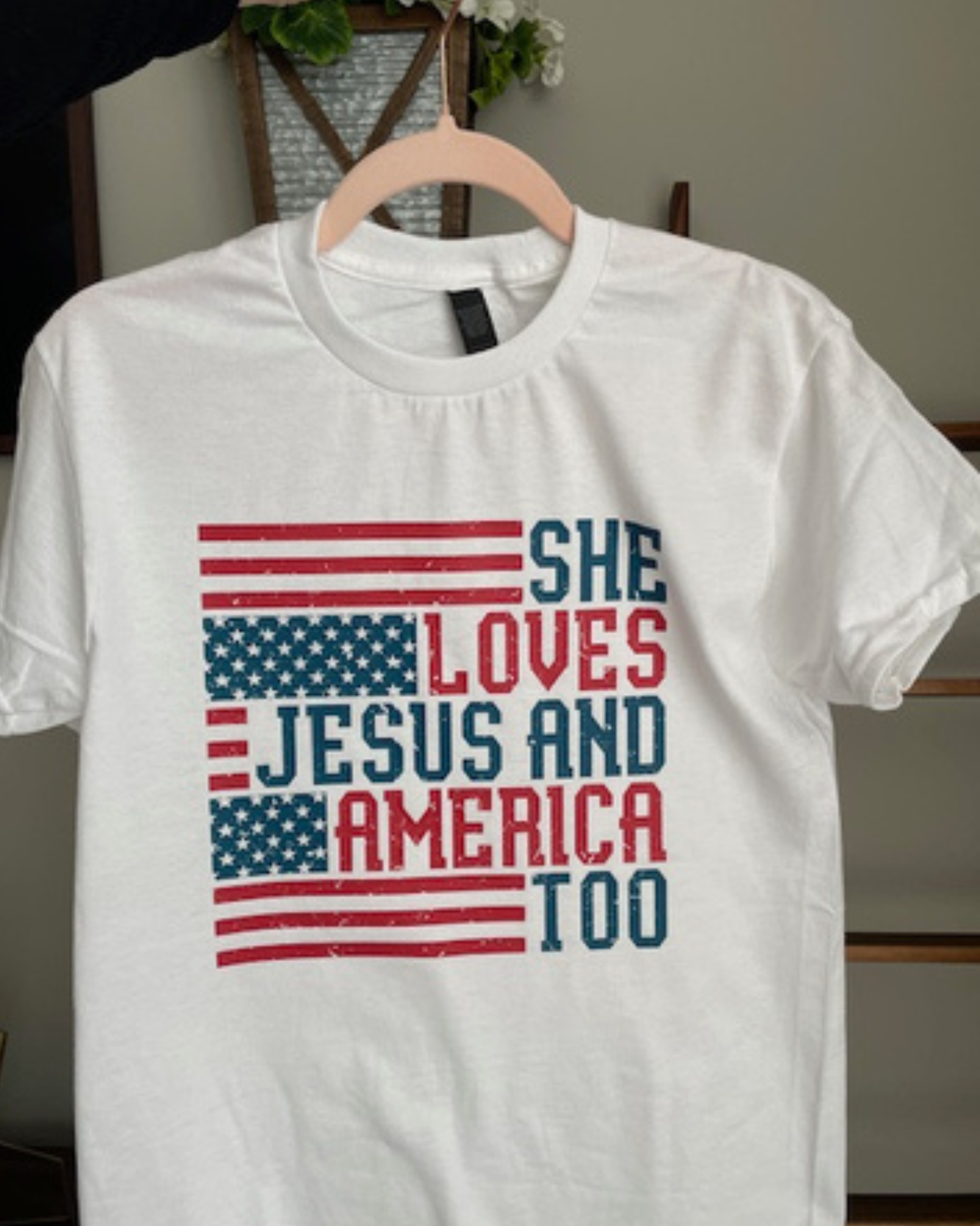 she loves jesus and america too shirt patriotic graphic tee women christian western apparel